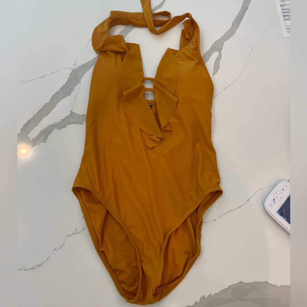 Bleu Rod Beattie Yellow Gold Deep Plunge Ruffle Bathing Suit